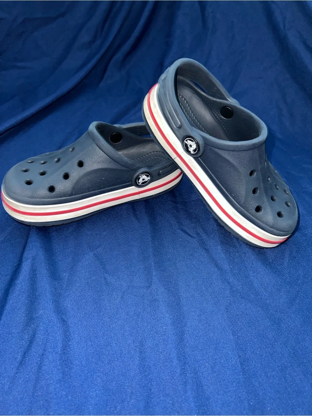 CROCS Kids Navy Clogs with Red and White Stripe